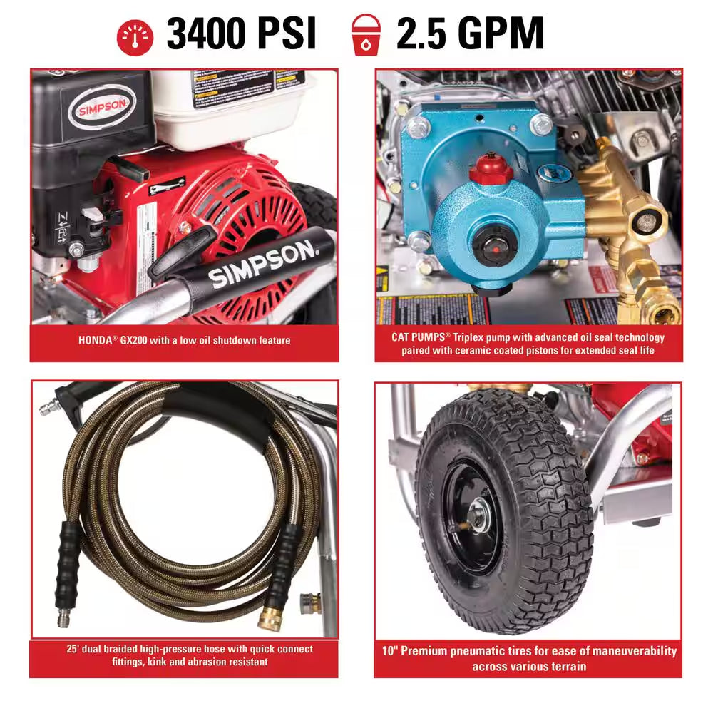 3600 PSI 2.5 GPM Cold Water Gas Pressure Washer with HONDA GX200 Engine