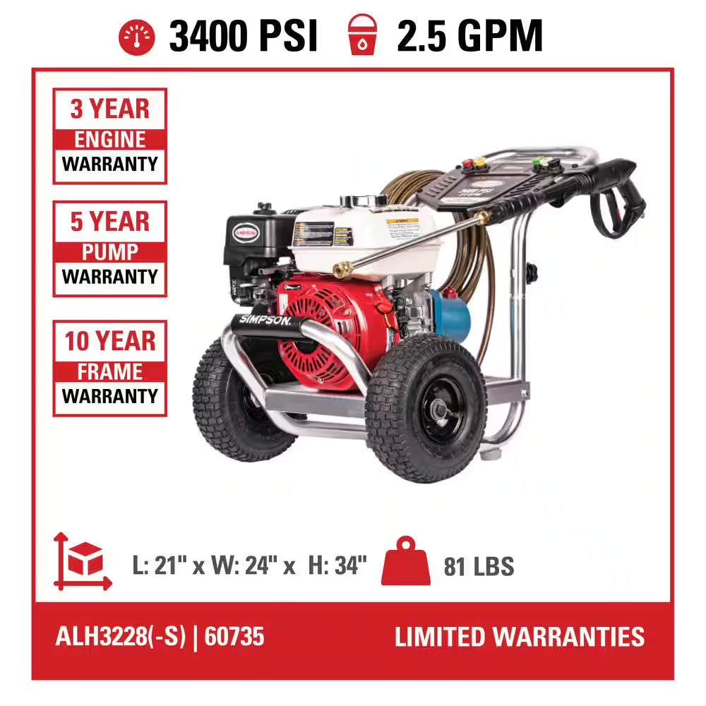 3600 PSI 2.5 GPM Cold Water Gas Pressure Washer with HONDA GX200 Engine